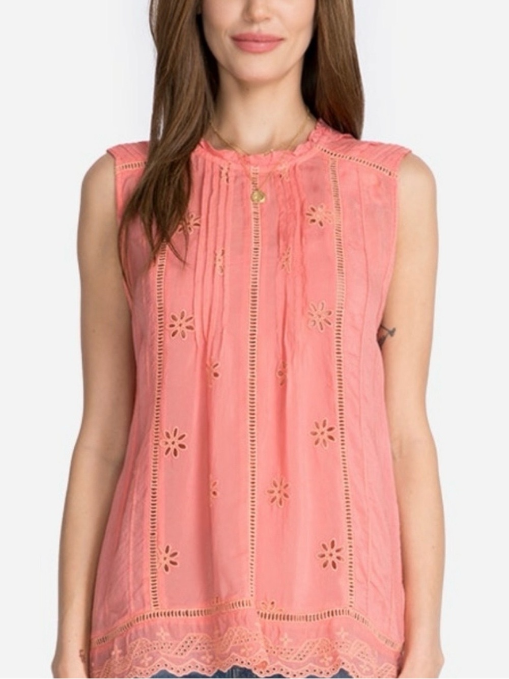 Johnny Was Boho “Nia” Coral Pink Eyelet Embroidered Top